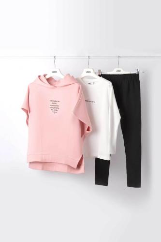 iDo παιδικό σετ ρούχων με μπλούζα φούτερ με contrast lettering, μπλούζα και κολάν μονόχρωμα (3 τεμάχια) - 4.7920/00 Ροζ 14Y